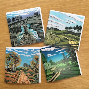 Grußkarte, 4er Pack, Linolschnitt, Linoldruck, Blankokarte, Originalkunstdruck, Landschaft, Geburtstagskarte, Karte für Sie, Karte für Ihn