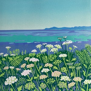 Landscape, Lino print, Original art, Sea, wildflowers, Cornwall , Lino cut, Blue, Green, Pink, Wall art, Print, Limited edition, Linocut