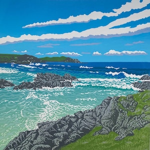 Landscape, Lino print, Original art, Sango Bay, Durness, Scotland, North Sea, Coast, Sea, Waves, Lino cut, Blue, Limited edition, Linoprint,