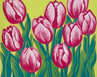 Blumen, Linoldruck, Originalkunst, Tulpen, Rosa Blumen, Linolschnitt, Grün, Wandkunst, Druck, Limitierte Auflage, Linolschnitt, Blumendruck