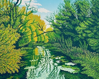 Reflections limitierter Linoldruck, Landschaft, Fluss Arle, Alresford, Hampshire, Original Kunst, Linolschnitt