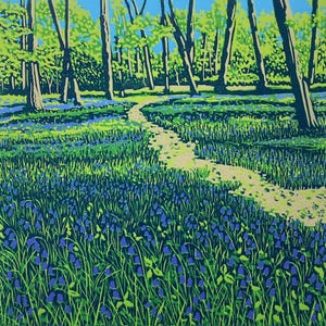 Landschaft, Linoldruck, Original Kunst, Glockenblumen, Wald, Surrey, Linolschnitt, Blau, Grün, Lila, Wandkunst, Print, Limitierte Auflage, Linolschnitt