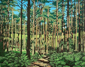 Bourne Holz Linoldruck, Landschaft Surrey, Linolschnitt, Limitierte Auflage, Tall Pines, Waldspaziergang