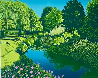 Landscape, Lino print, Original art, River Wey, Farnham Surrey, river, water, Lino cut, Green, Blue, Wall art, Limited edition, Linoprint,