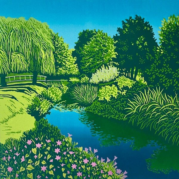 Landscape, Lino print, Original art, River Wey, Farnham Surrey, river, water, Lino cut, Green, Blue, Wall art, Limited edition, Linoprint,