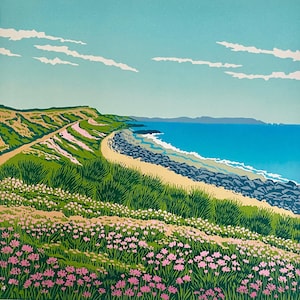 Landscape, Lino print, Original art, Barton on sea, Hampshire, Coast, Sea, Sea thrift, Lino cut, Pink, Wall art, Limited edition, Linoprint,