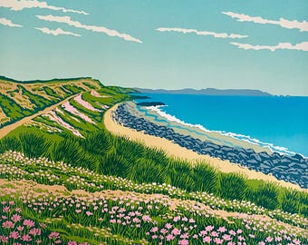 Landschaft, Linoldruck, Original Kunst, Barton am Meer, Hampshire, Küste, Meer, Seesparsamkeit, Linoldruck, rosa, Wandkunst, limitierte Auflage, Linoldruck,
