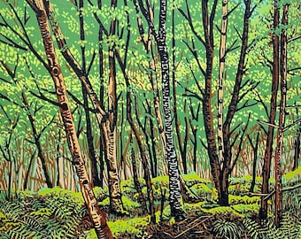 Schottische Woodland limitierte Auflage Linoldruck, Landschaft, Corrieshalloch Gorge, Original Kunst, Linolschnitt, Wandkunst,