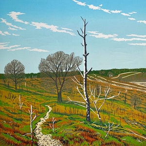 Landscape, Lino print, Original art, Heathland, Hankley Common, Surrey, Lino cut, Green, Blue, Orange, Wall art, Limited edition, Linoprint,