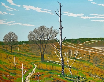 Landschaft, Linoldruck, Original Kunst, Heide, Hankley Common, Surrey, Linolschnitt, Grün, Blau, Orange, Wandkunst, Limitierte Auflage, Linoldruck,