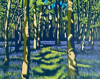 Landschaft, Linoldruck, Original Kunst, Glockenblumen, Linolschnitt, Wald, Surrey woodland, grün, blau, Kunst, limitierte Auflage, Linoldruck,