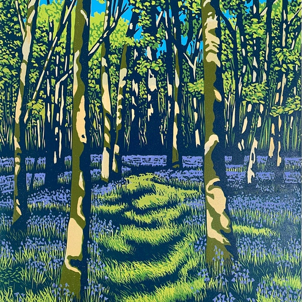 Landscape, Lino print, Original art, Bluebells, Lino cut, Woodland, Surrey woodland, Green, Blue, Wall art, Limited edition, Linoprint,