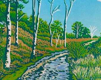 Landscape, Lino print, Original art, Frensham Common, Lino cut, Blue, Green, Wall art, Print, Limited edition, Linoprint, Heathland Walk