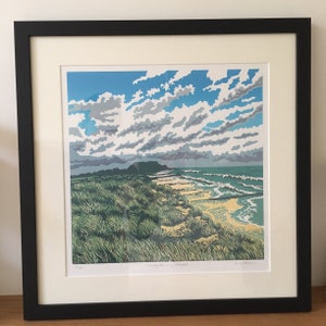 Linoprint, Seascape, Hengistbury Head, Dorset, Sea, Dunes, Limited edition, Wall art, Original art, Sea picture, Blue, green, Southbourne image 3