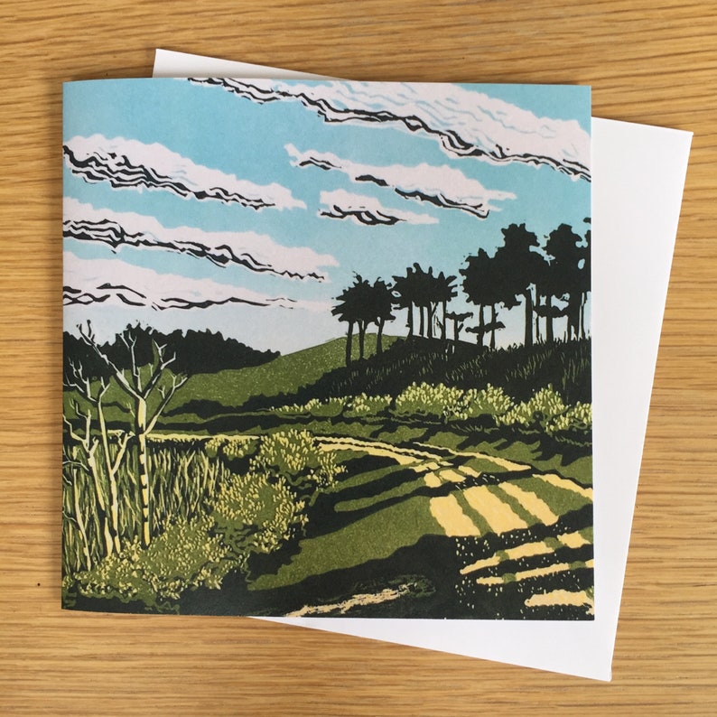 Greeting card, lino cut, lino print, blank card, original art print, landscape, birthday card, card for her, card for him, thank you card image 1