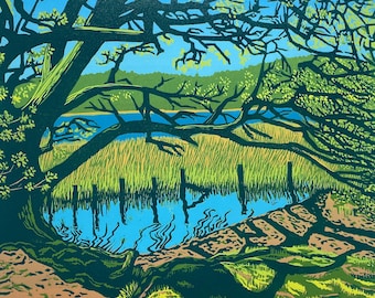 Frensham Little Pond Linoldruck, Surrey Landschaftskunst, Limitierte Auflage
