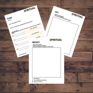 May include: A printable worksheet with three sections: Plan, Act, and Reflect. Each section has prompts for spiritual growth and reflection. The worksheet is designed to help users set goals, take action, and reflect on their progress.