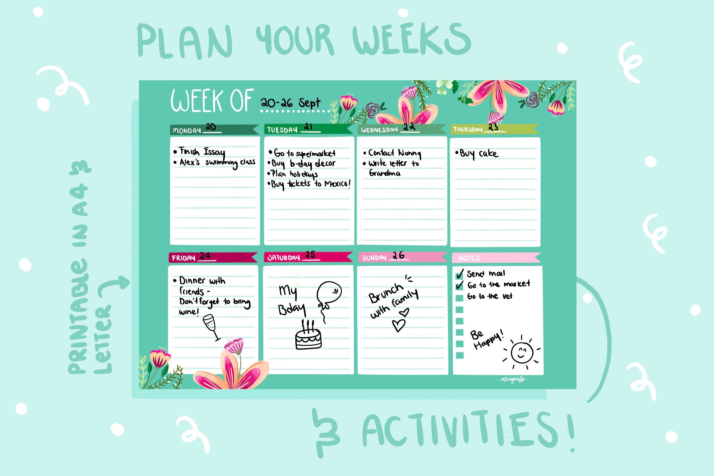 Weekly Planner Printable | To-do List , Flower Print, Cute | Activity ...