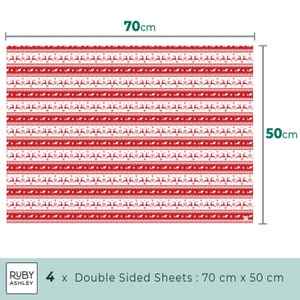 May include: Red and white Christmas-themed wrapping paper with a repeating pattern of reindeer, snowflakes, and ornaments. Each sheet measures 27.5 inches by 19.7 inches. The image shows four double-sided sheets.