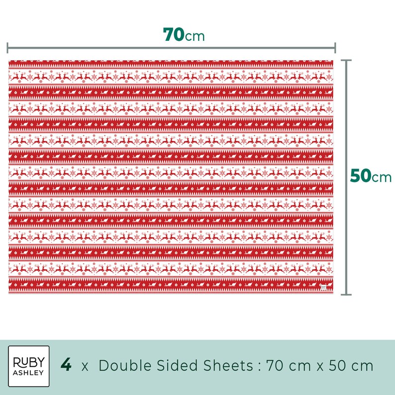 May include: Red and white Christmas-themed wrapping paper with a repeating pattern of reindeer, snowflakes, and ornaments. Each sheet measures 27.5 inches by 19.7 inches. The image shows four double-sided sheets.