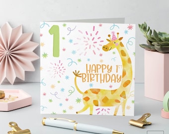 Giraffe 1st Birthday Card: Party Animal Theme