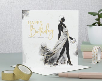 Gold Foil Birthday Card for Her - Elegant Woman Design - Made in UK