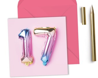 17th Birthday Card: Rainbow Foil Balloons, Eco-Friendly