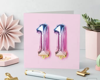 11th Birthday Card: Rainbow Foil Balloons, Girl's Birthday