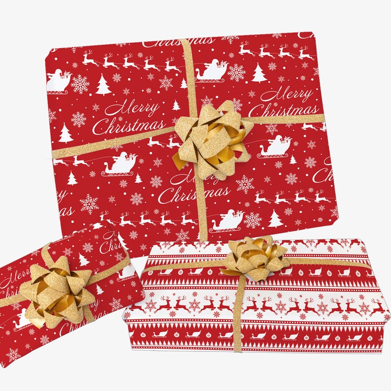 May include: Three wrapped Christmas gifts with red and white patterned paper. The paper features reindeer, snowflakes, Christmas trees, and the words "Merry Christmas." Each gift is tied with a gold ribbon and bow.