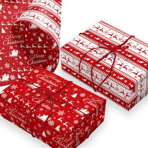 May include: Red and white Christmas-themed wrapping paper and wrapped gifts. The paper features reindeer, snowflakes, Christmas trees, and the words "Merry Christmas". The gifts are tied with red twine.