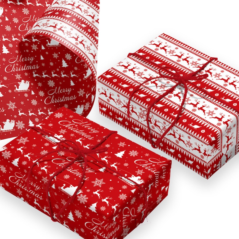 May include: Red and white Christmas-themed wrapping paper and wrapped gifts. The paper features reindeer, snowflakes, Christmas trees, and the words "Merry Christmas". The gifts are tied with red twine.