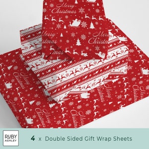 May include: Four double-sided gift wrap sheets with a festive Christmas theme. The red wrapping paper features white snowflakes, reindeer, Christmas trees, and Santa in a sleigh. The words "Merry Christmas" are also printed on the paper.