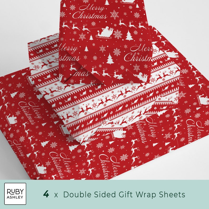 May include: Four double-sided gift wrap sheets with a festive Christmas theme. The red wrapping paper features white snowflakes, reindeer, Christmas trees, and Santa in a sleigh. The words "Merry Christmas" are also printed on the paper.