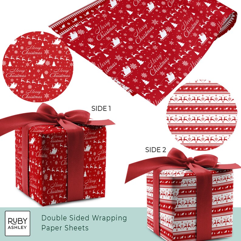 May include: Double-sided Christmas wrapping paper sheets. One side features a red background with white snowflakes, reindeer, Christmas trees, and Santa's sleigh. The other side has a red and white pattern with reindeer and geometric shapes. A wrapped gift with a red bow is shown.