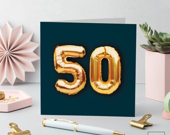 50th Birthday Card: Gold Foil Balloons, Eco-Friendly