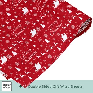 May include: Red Christmas-themed wrapping paper with a repeating pattern of white Santa in a sleigh, reindeer, snowflakes, and Christmas trees. The words "Merry Christmas" are also printed on the paper. The wrapping paper is double-sided.