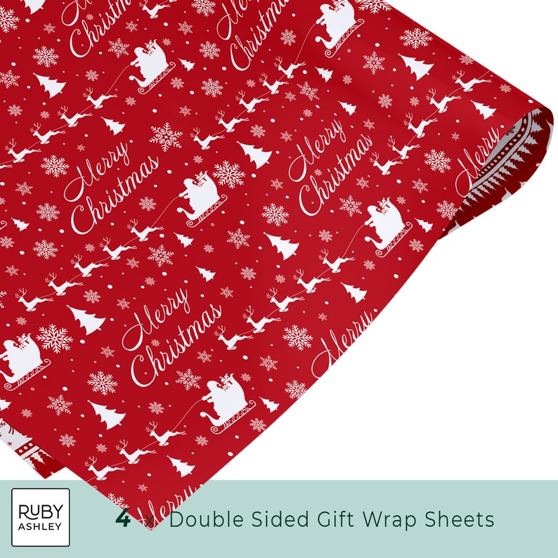 May include: Red Christmas-themed wrapping paper with a repeating pattern of white Santa in a sleigh, reindeer, snowflakes, and Christmas trees. The words "Merry Christmas" are also printed on the paper. The wrapping paper is double-sided.
