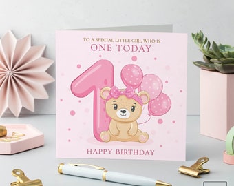 Teddy Bear 1st Birthday Card for Girl: Pink Balloons