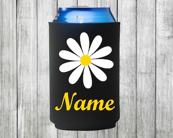 Daisy with name Can Cooler/Custom Can Insulator/Cute Can Hugger/Beverage Holder/Party Favors/Beer Cooler/Custom Can Sleeve