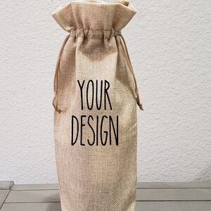 Custom Burlap Wine Bottle Bag/Custom Burlap bottle with drawstring tote/Reusable wine bottle holder/Housewarming gift/Host Hostess Gift image 2