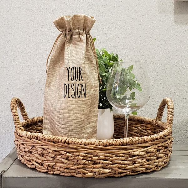 Personalized wine bottle bag/Custom Burlap bottle with drawstring tote/Reusable wine bottle holder/House warming gift/Host Hostess Gift