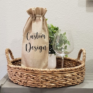 Custom Burlap Wine Bottle Bag/Custom Burlap bottle with drawstring tote/Reusable wine bottle holder/Housewarming gift/Host Hostess Gift image 1