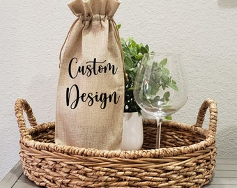 Custom Burlap Wine Bottle Bag/Custom Burlap bottle with drawstring tote/Reusable wine bottle holder/Housewarming gift/Host Hostess Gift