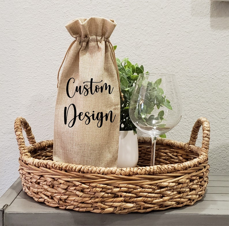 Custom Burlap Wine Bottle Bag/Custom Burlap bottle with drawstring tote/Reusable wine bottle holder/Housewarming gift/Host Hostess Gift image 1