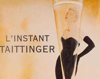 L'instant Taittinger Champagne Original vintage poster with grace kelly c.1980 – Rare large version – Champagne poster - Catherine Deneuve