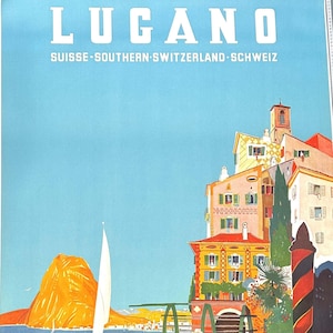 Lugano original authentic 1950 Swiss travel poster by Daniel Buzzi on linen excellent