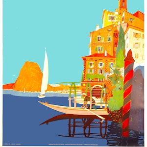 Lugano Swiss Travel Poster: 1950s Vintage Stone Lithograph