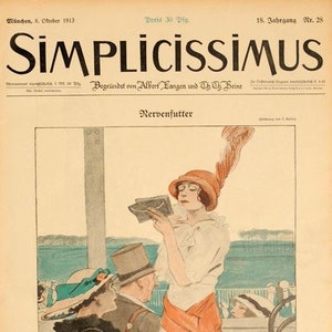 May include: A vintage magazine cover featuring a black and white illustration of a woman in a red hat and a white dress. The magazine is titled "Simplicissimus" and the text "Nervenfutter" is printed below the title.