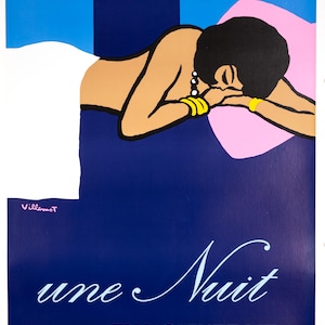 Bernard Villemot Une Nuit en Voiture Lits  1973 original on linen