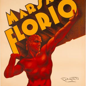 May include: Vintage Marsala Florio advertising poster. A muscular, red-toned figure carries a large block with the brand name in yellow. The poster has text at the bottom in a red banner, and is set against a cream background.